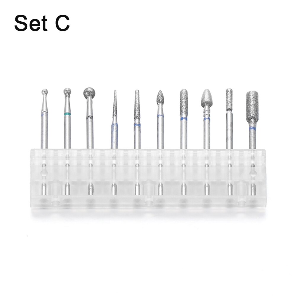 10Pcs Nagel Boren Elektrische Manicure Machine Cutter Diamond Bestand Gel Polish Kit Set Cuticle Schoon Pedicure Slijpen Hoofd: Set C