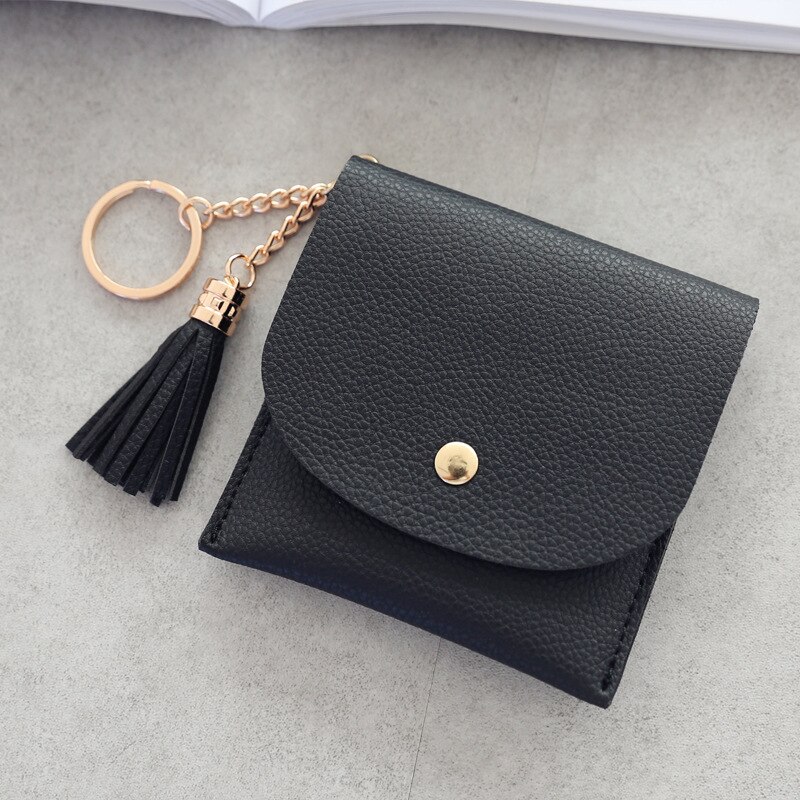 Student Dunne Portefeuilles Vrouwen Portemonnee Dames Pu Lederen Tassel & Metalen Ring Clutch Sleutelhanger Dunne Sleutel Tas Kaarthouders mini Pouch: Black