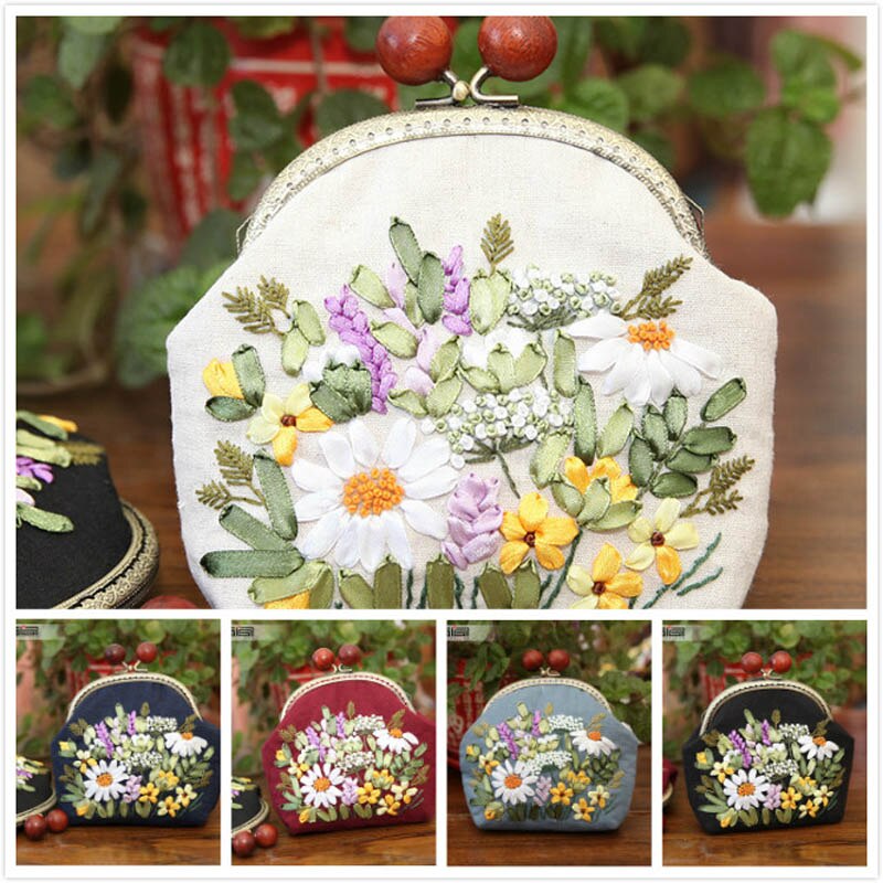 3D DIY Ribbon Embroidery Bag Set, Needlework Kits Cross Stitch Chain Bag with Hoop,Handmade Swing Purse Wallet