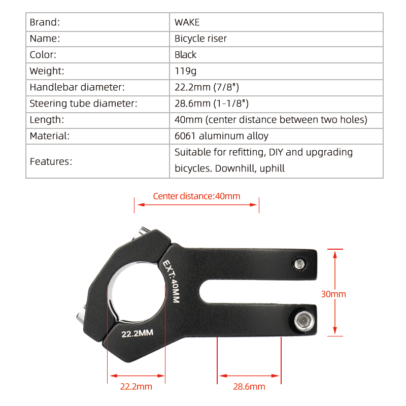 Wake-Potence de guidon en alliage d'aluminium pour vélo de montagne, accessoires de bicyclette pliante pour enfants, VTT, BMX, 22.2mm, 40mm