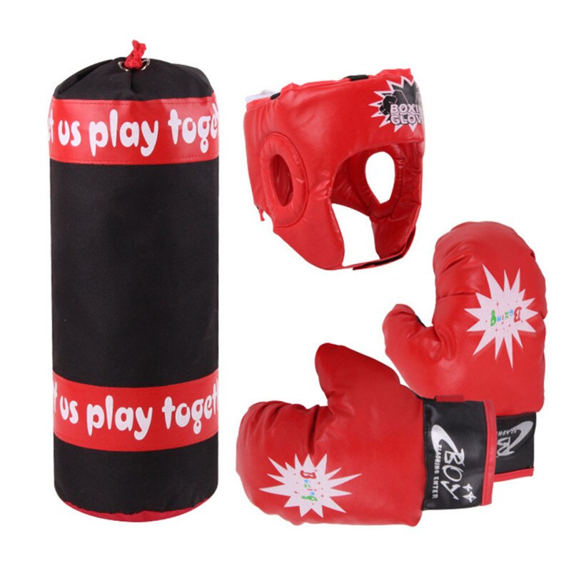 PU Leather Boxing Set Including Boxing Gloves Kids Punching Bag EVA Padding Head Protector Decompression Sandbag Kit Equipment: bag-gloves-Helmet
