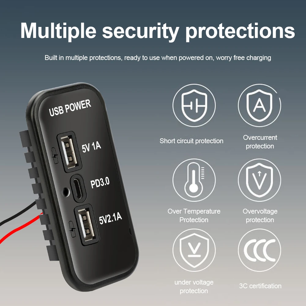 12v usb-uttak , pd3.0 type c-porter , qc3.0 og 2.4a usb a-lader 3 porter hurtigladekontaktpanel for bil, motorsykkel, marin lastebil