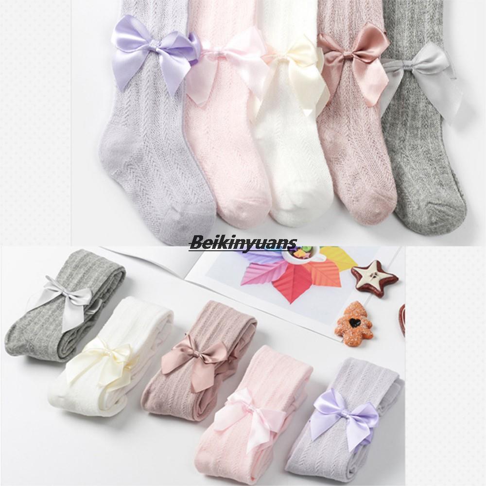 Medias de malla de verano para niña, transpirables pantimedias de algodón suave, con bonitos lazos, Color sólido
