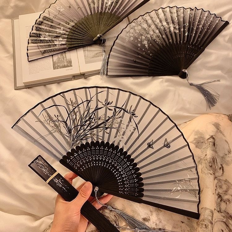 Chinese Style Black Folding Fan Hanfu Qipao Matching Home Decoration Photography Manual Cooling Bamboo Beautiful Men Women's Fan