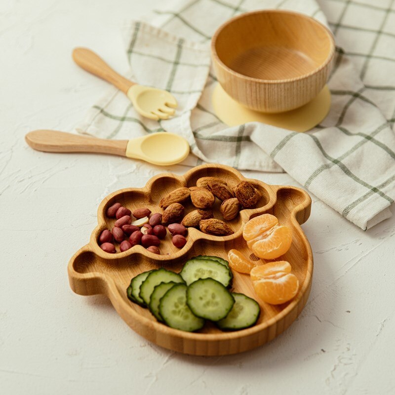 Cuenco de bambú para alimentación de bebé, juego de vajilla de silicona con ventosa, antideslizante, resistente al agua, tenedor, cuchara, 4 piezas
