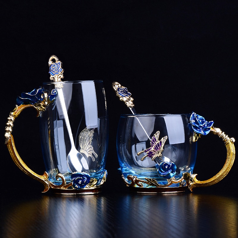 Red Blue Rose Enamel Crystal Tea Cup Coffee Mug Butterfly Rose Painted Flower Water Cups Clear Glass with Spoon Set Perfect