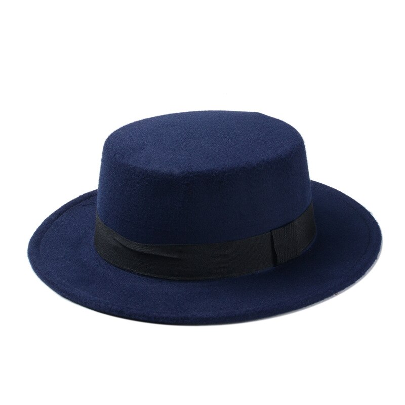 Brand Wool Boater Flat Top Hat For Women's Felt Wide Brim Fedora Hat Laday Prok Pie Chapeu de Feltro Bowler Gambler Top Hat: Dark Blue