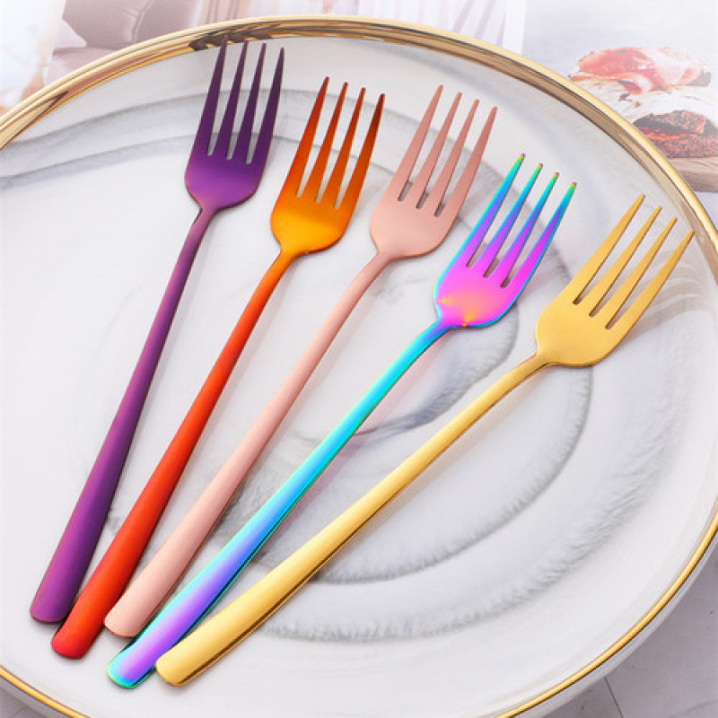 Stainless Steel Long Handle Dinner Fork 9 Colors Rainbow Fork Kitchen Hotel Supplies Restaurant Tableware Fork