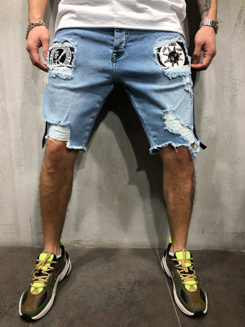 European size loose summer hole denim shorts Embroidered men's Jeans Shorts Hip-hop slim shorts Blue light blue S-3XL