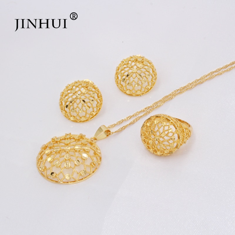 Ethiopia 24K gold plated Dubai jewelry sets women African Party wedding Necklace and Earrings ring sets 45cm Pendant