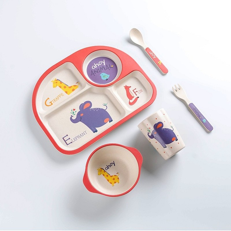 Baby Dishes Set Eco-friendly Bamboo Fiber Dinnerware Cute Cartoon Animal Bowl Tableware for Toddlers Boy Girl WXY010