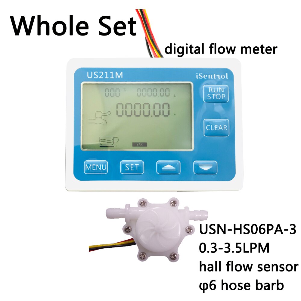 US211M Display with USN-HS06PA-3 Flow Meter Totalizer Flow Measurement 0.3-3.5L/min Range 6mm OD hose barb