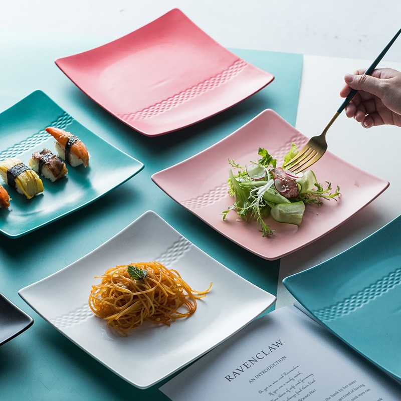 8 tommer japansk firkantet flad keramisk plade solid diamantstrimmel porcelæn middagstallerken bøf sushi frugtbakke pasta snack skål
