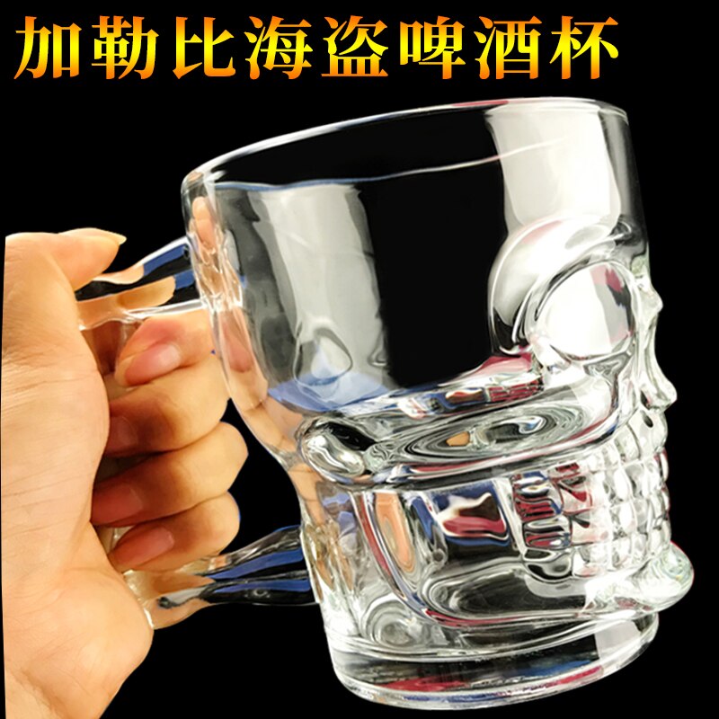 Taza grande NEWYEARNEW de 500ml, vaso de cristal de piratas del cráneo caribeño, vaso grande de cerveza con asa, taza de cerveza, té, zumo, bebida,