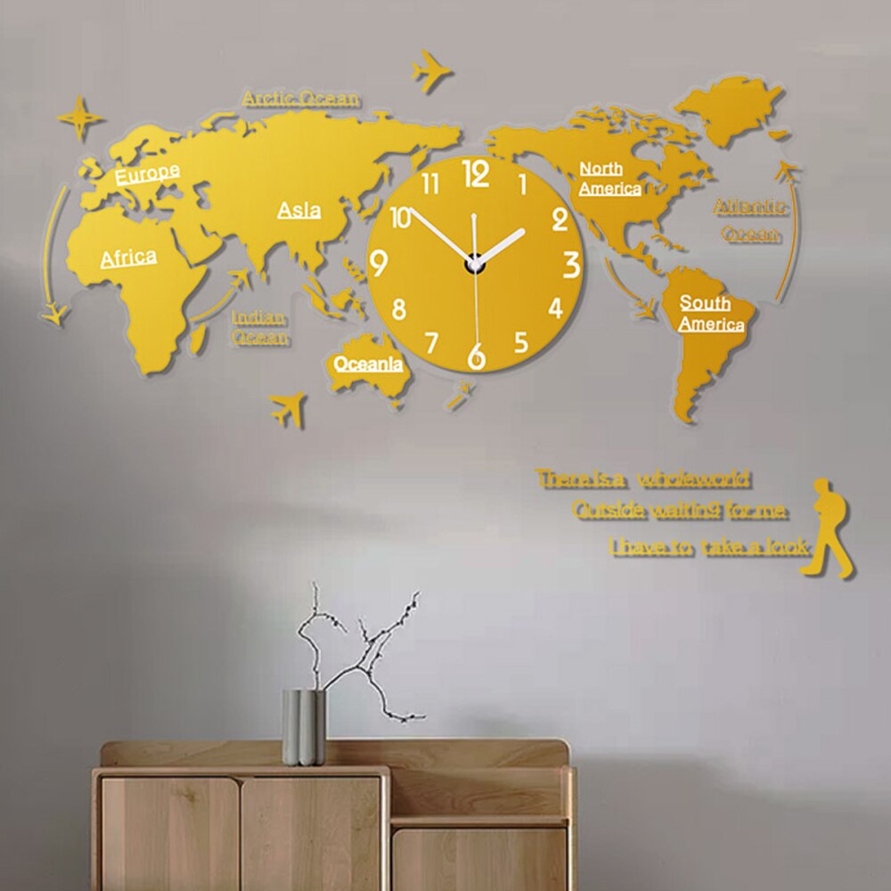 1pc Silent World Map Wall Clock Decorative Home Living Room Bedroom