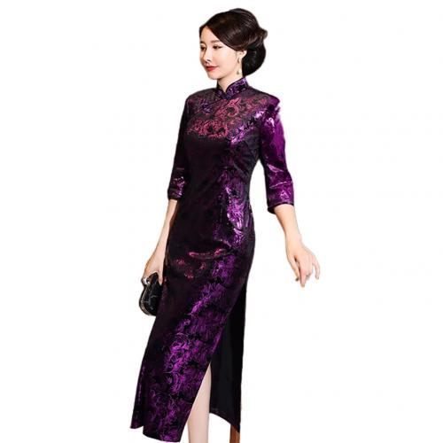 Vrouwen 3/4 Mouw Lange Split Bloemen Gedrukt Chinese Cheongsam Midi Slanke Jurk Chinese Cheongsam Qipao Borduurwerk Spleet Jurk Sexy: Paars / 3XL