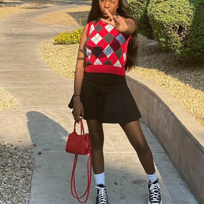 England Preppy Plaid Sweaters Women Ribbed Patchwork Vest Casual Sporty O-Neck Sleeveless Tanks Crop Top Female Streetwear: Default Title