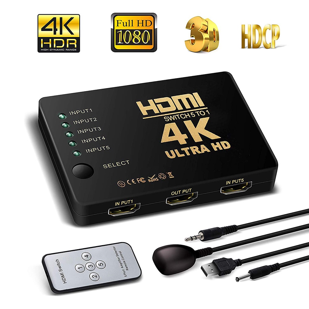Hdmi Splitter Kabel 4K Hd 1080P 5In Port Mini Switcher Met Ir Afstandsbediening Selector Voor Hdtv dvd Tv Xbox PS3/4 Z2 Laptop