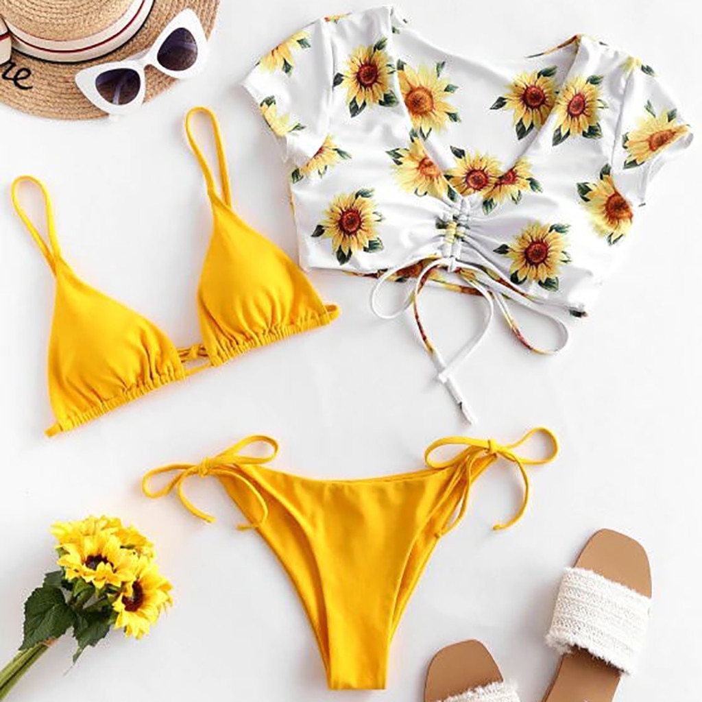 Newest Bathing Suit Women's Biquini Sunflower Print Lengerie Three Split Underwears Push Up Padded Intimates Traje de baño