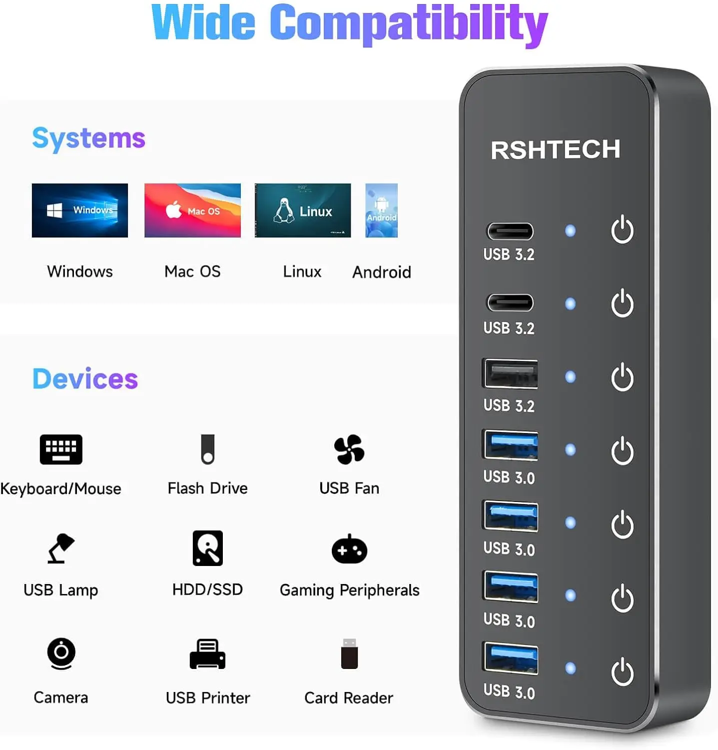 RSHTECH 7-portowy koncentrator USB C z portami USB-C 3.2 10 Gb/s Indywidualne przełączniki dotykowe Zasilacz 5 V/3 A Rozdzielacz USB do laptopa