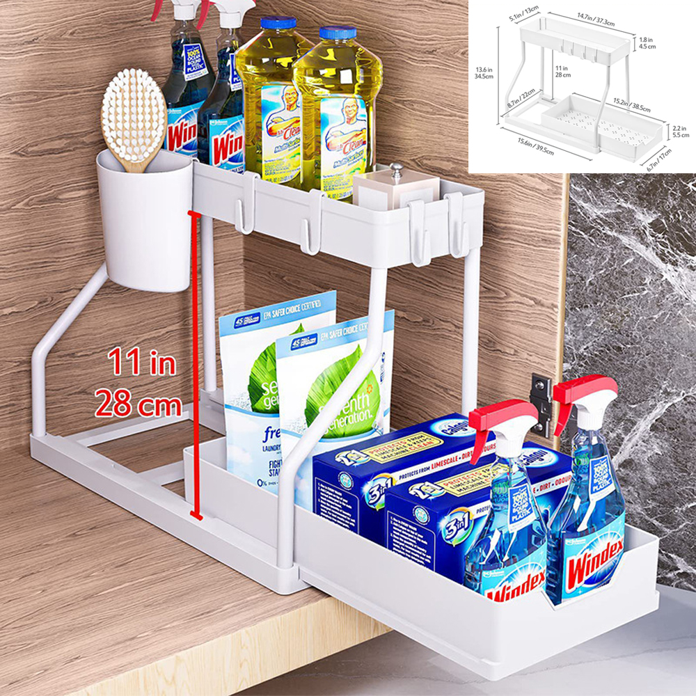 Under Sink Bathroom Organizer Drawer Pull Out 2 Tier Multipurpose Rack Cabinet Kitchen Countertop Home Storage Organizer: WHITE