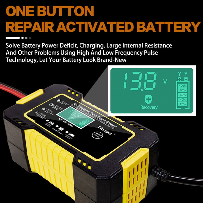 Car Motorcycle Battery Charger 12 V Battery Starting for Auto Moto Lead Acid AGM Gel VRLA Smart Charging Digital LCD Display