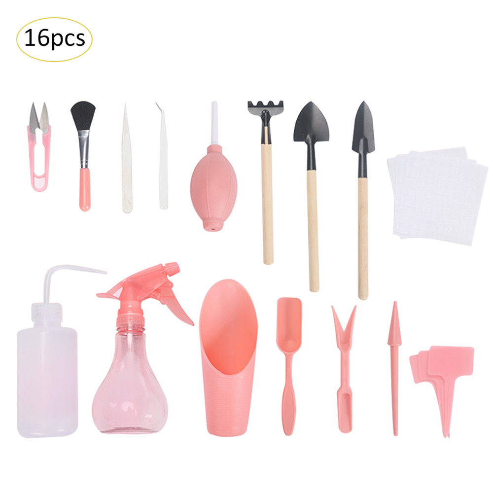 Succulent Planting Tools 16pcs Mini Garden Hand Tool Shovel Spade Rake Tweezers Kettle Succulent Plants Planting Bonsai Tools: Pink