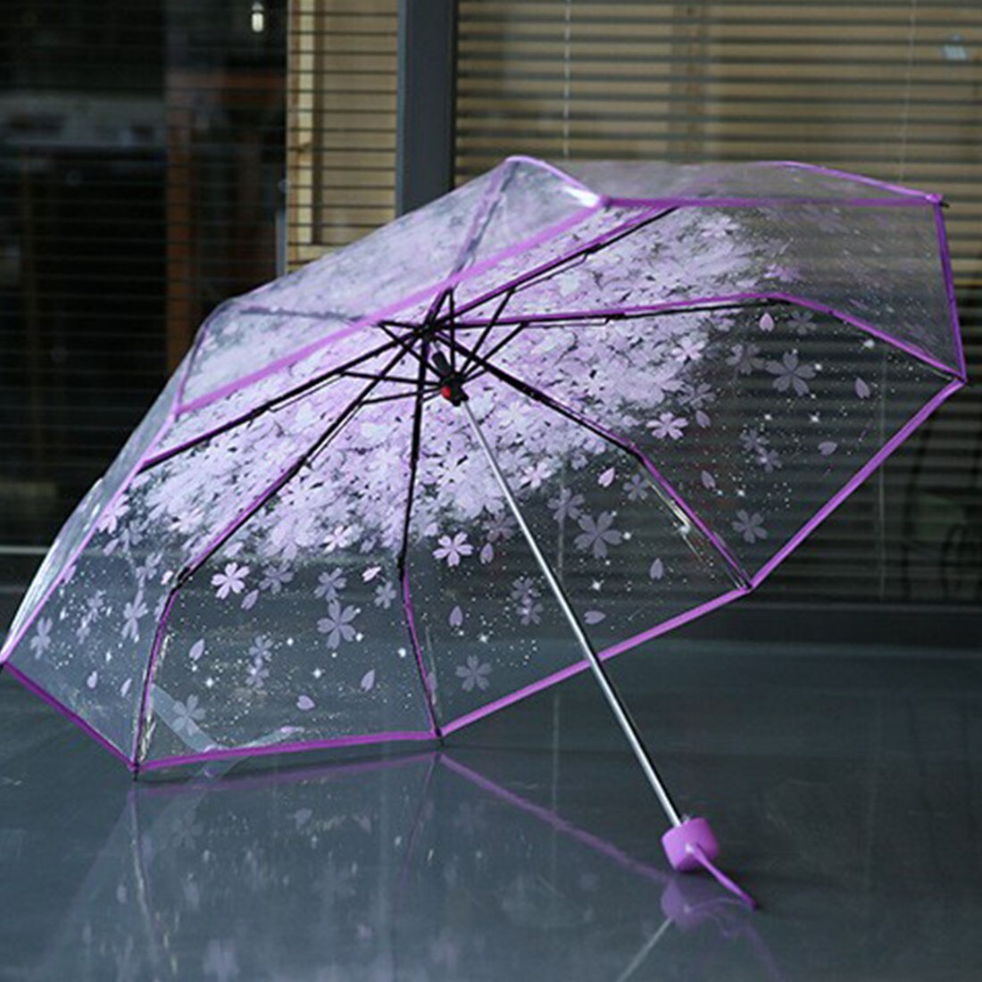Three Fold Umbrella Women Transparent Umbrella Rain Women Umbrella 3 Folding Classic Cherry Sakura Pattern Clear Umbrella: Purple
