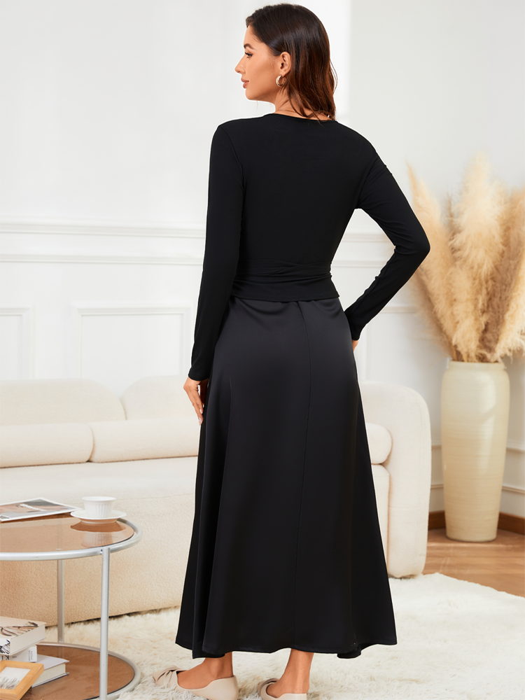 VEITCHE 2025 mujer vestido largo traje de algodón con cuello en V Top de punto con cinturón + falda larga de tirantes de Color sólido satinado