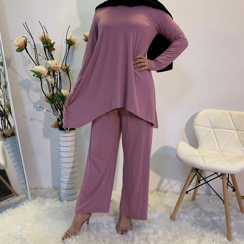 smooth fabric Muslim suits female Solid Color Two-pieces Tops + elastic waist Pants Singapore Turkey Clothing F1883: purple suits / XXL