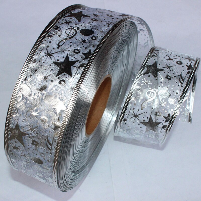 50 Mm Breed Zilveren Lint Gaas Lint Afdrukken Ster Kerstboom Decoratie Kerst Aanwezig Bruiloft Draad Randen Diy