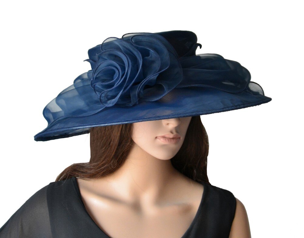 Aantrekkelijke meerdere kleur marineblauw grote organza hoed bruids hoed met veren voor bruiloft/races/party /kerk.