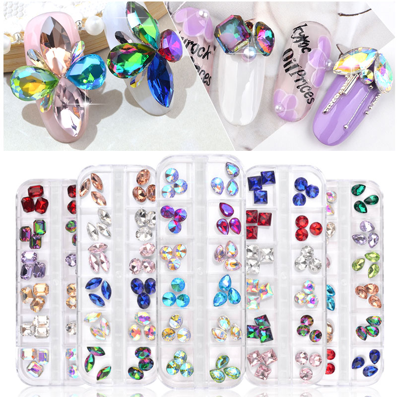 1 Doos Kleurrijke Nail Strass Gemengde Oval Waterdrop Ronde Chameleon Ab Crystal Glass Gems Strass 3D Glitter Nail Art Decoraties
