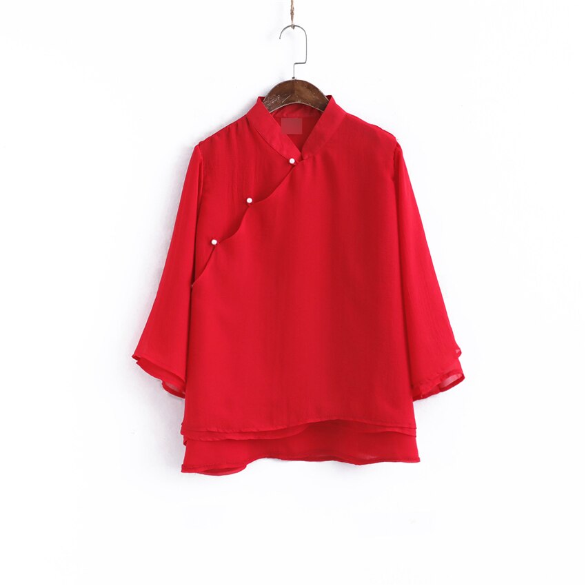 Ropa de estilo chino tradicional para mujer, Top con cuello alto, Color sólido, lino, algodón, Hanfu moderno, primavera y otoño, 2022
