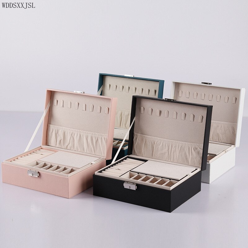 Pink Leather Double layer Ring Earrings Necklace Box Watch Box Multifunctional Storage Display Packaging Box Home Decoration