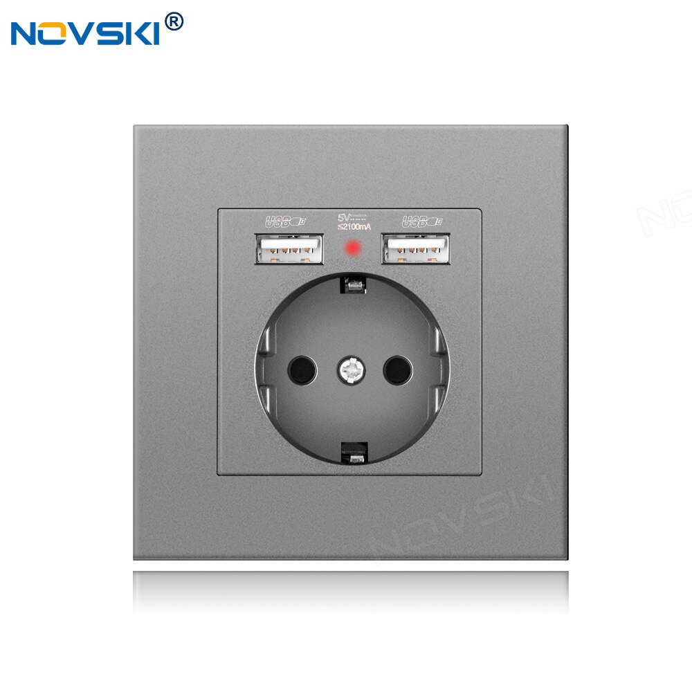 NOVSKI Pop Socket, USB-разъем 220, Electrical German Outlet, 2.1A Dual USB Charging Port with Soft LED Indicator: PC Panel Grey