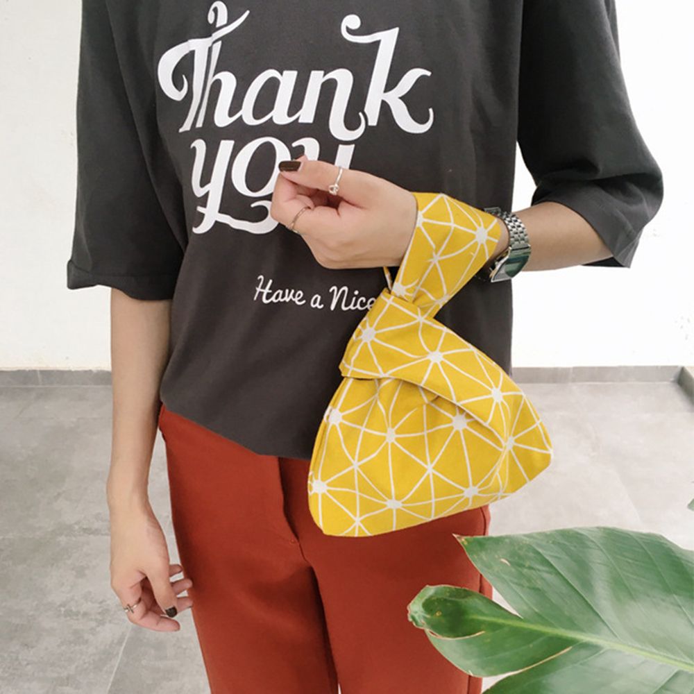 Sac à poignet Style japonais en toile de coton Simple avec nœud, sac à main à grille de fleurs, sac de marche avec clés de téléphone portable, déjeuner