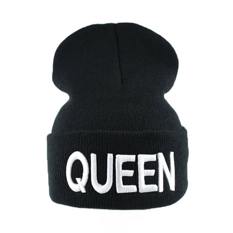 Bonnet tricoté pour Couple, chapeau unisexe, avec lettres KING et QUEEN brodées, Hip-hop, pour femmes et hommes, hiver: White Queen Logo