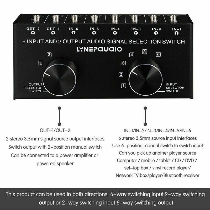 6-In-2-Out Audio Switcher Two-Way Audio Signal Selector Box Splitter Distributor with RCA Inputs &amp; Outputs