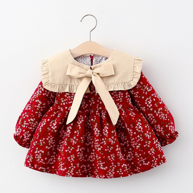 Höst bebis flickor puffärm klänning slagkrage rosett söt vintage kläder prinsessa blommiga vestidos outfits för fest: Röd / 110cm