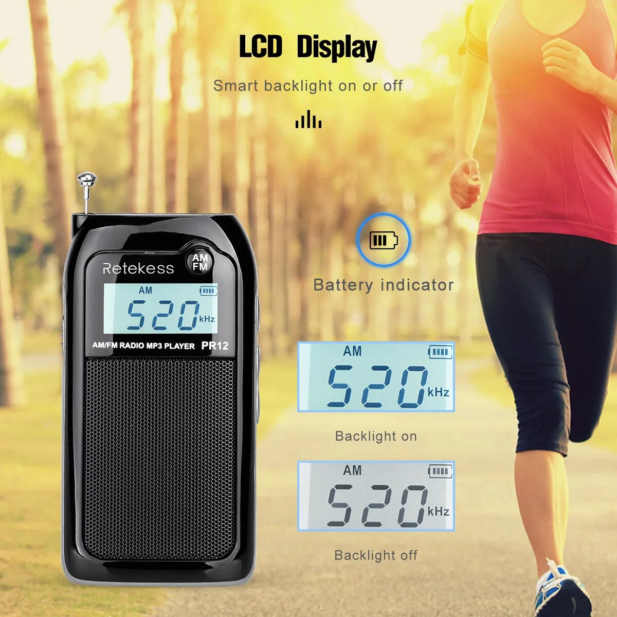 RETEKESS-Radio de bolsillo PR12 para ancianos, Mini receptor portátil MP3 con pantalla retroiluminada, estéreo Digital, compatible con tarjeta TF