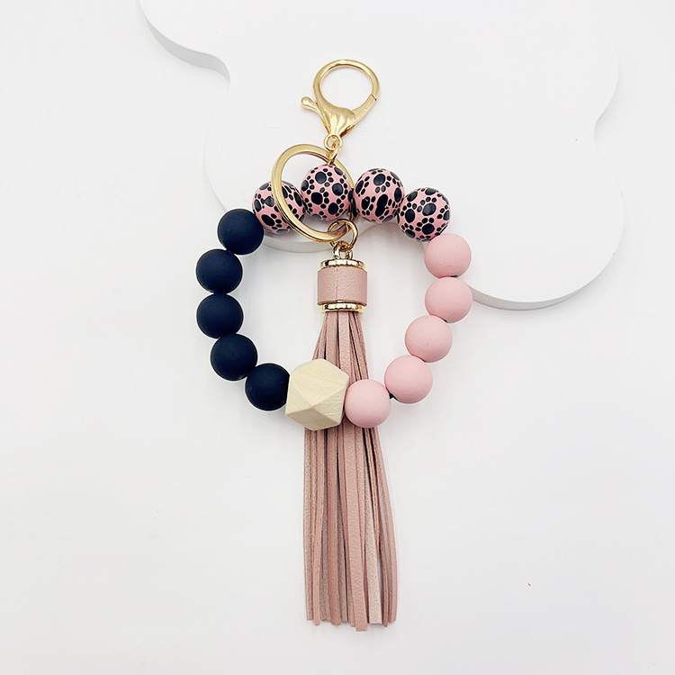 Llavero con cuentas de silicona para hombre y mujer, pulsera con cuentas y borlas para colgar carteras: Negro