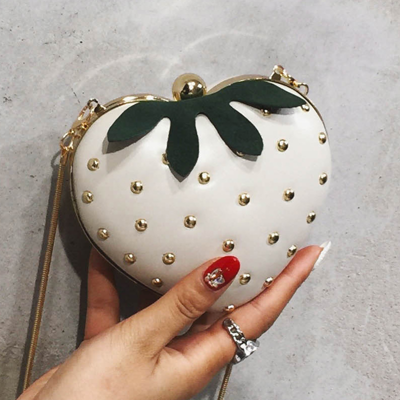 Carino Frutta Fragola a Forma di Cuore Dell'unità di elaborazione del Ribattino Mini Signore di Modo Della Catena Della Borsa Della Frizione del Sacchetto di Tote del Sacchetto di Spalla Femminile Borsa Lembo q5: Beige