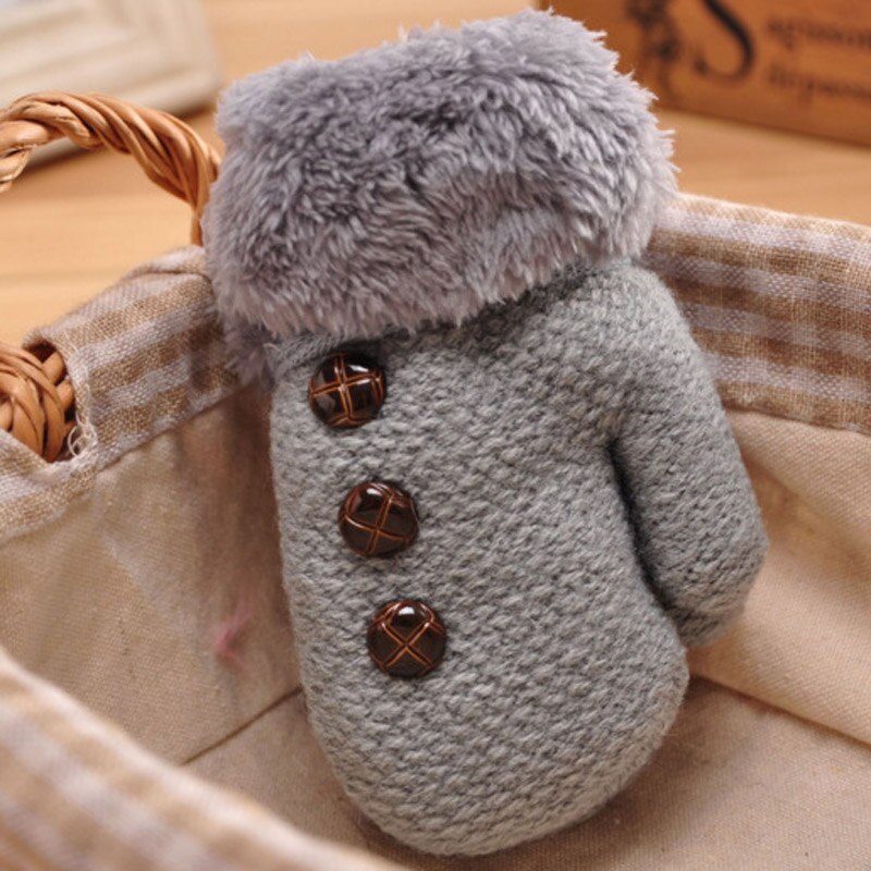 Knitted Full Finger Winter Gloves Kids Wool Warm Boys Children's Mittens Solid Color Rope Glove Girls Button Decoration: Light grey