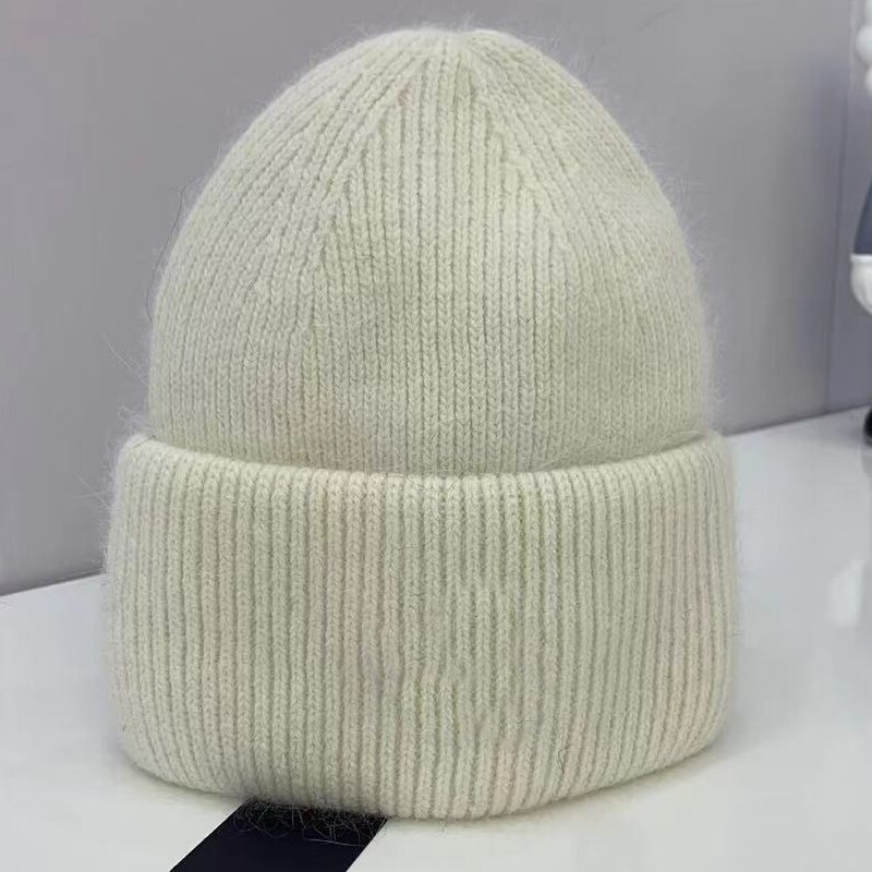 Rabbit fleece knitted hat women&#39;s pullover beanie casual warm elastic knitted hat: White