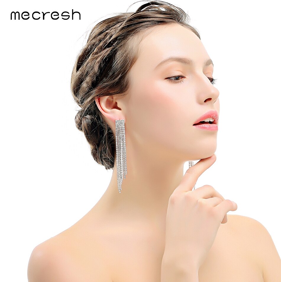 Mecresh Kristall Frauen Tropfen Ohrring Silber Farbe Braut Lange Quaste Ohrring Ohne durchbohren Clip Auf Hochzeit Party Ohrringe äh424