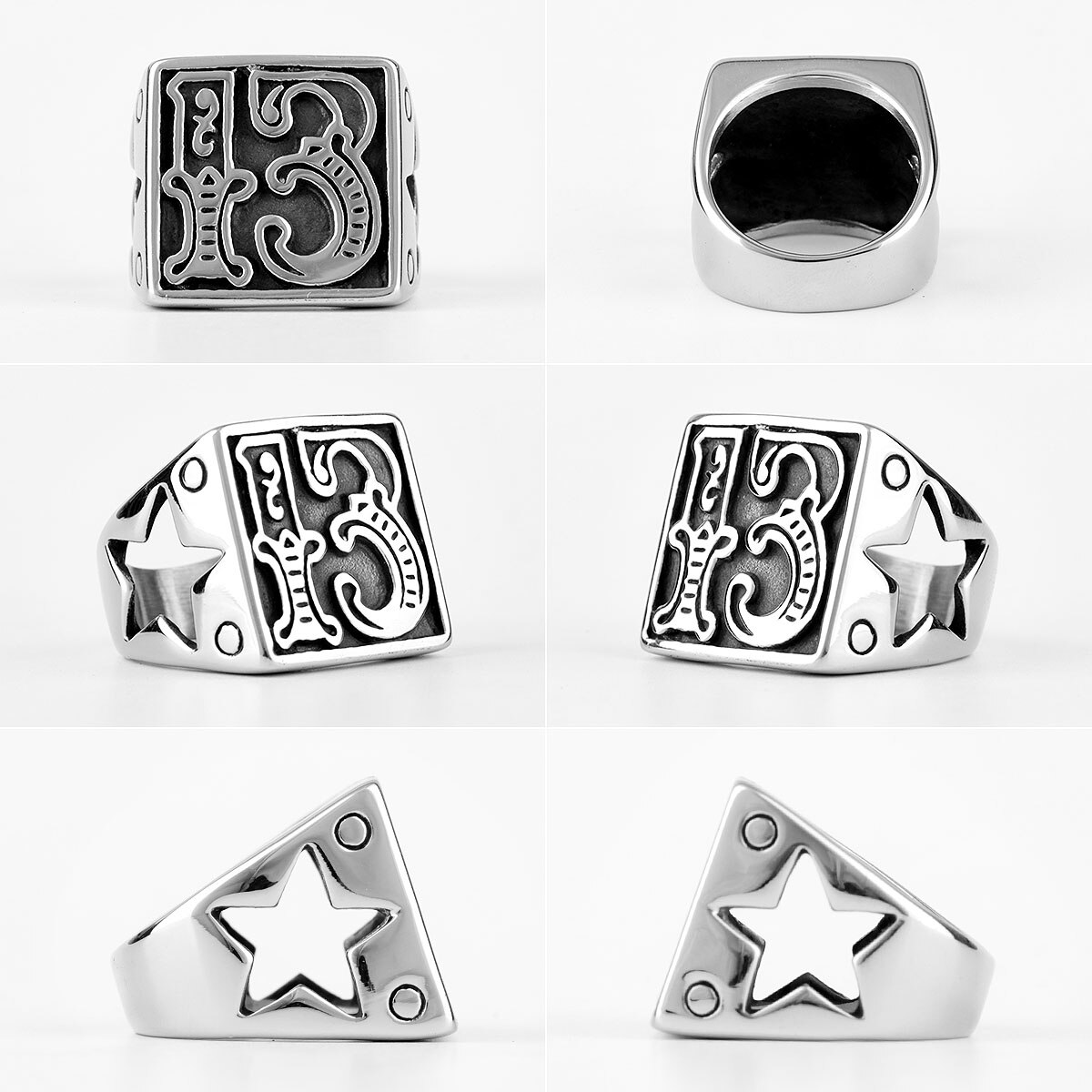 Lucky Number 13 Star Retro Stainless Steel Mens Rings Punk Hip Hop for Male Boyfriend Biker Jewelry Creativity