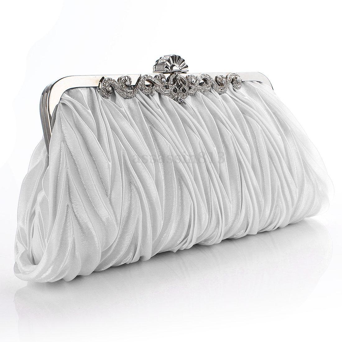 Women Pleated Satin Clutch Wedding Evening Bag Party Bridal Handbag Purse Bags: White