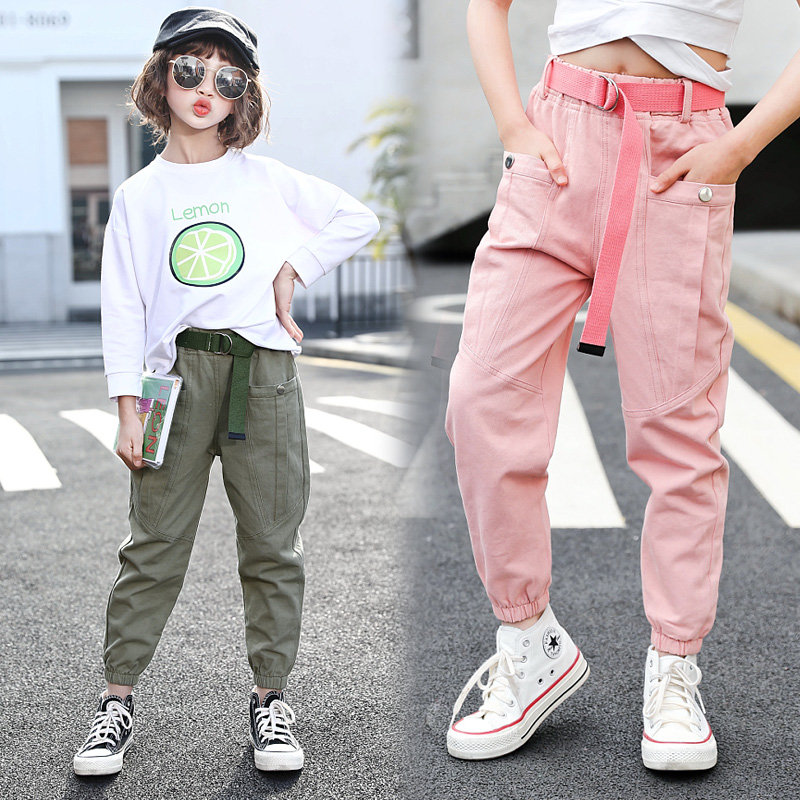 Casual lapset tytöt cargo housut pinkki musta väri street wear housut lasten vaatteet löysät housut vyö teinitytölle 4 8 12y
