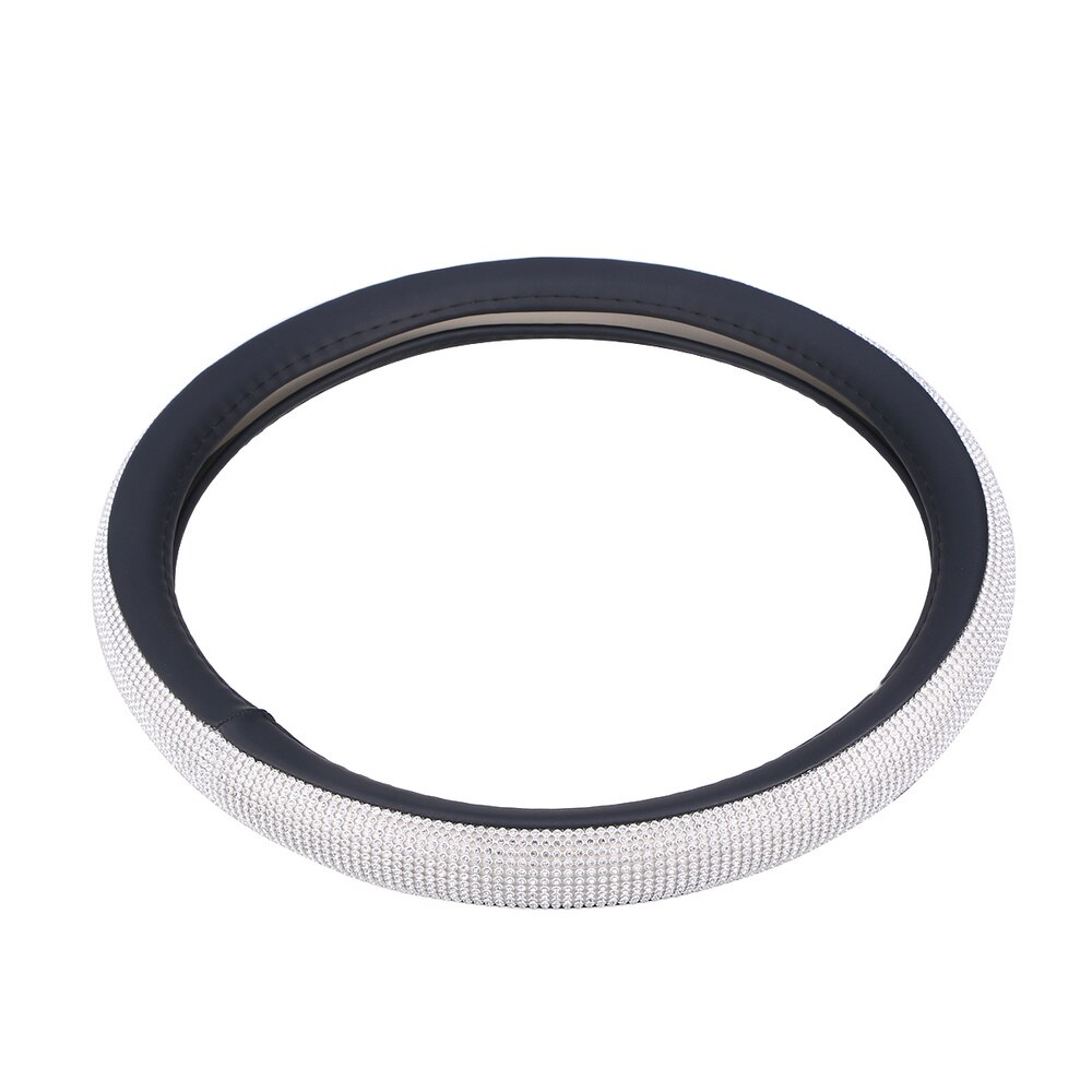 Fashionable Rhinestone Car Steering Wheel Cover Anti-slip Wheel Sleeve Protector (Black Leather + White Diamond)